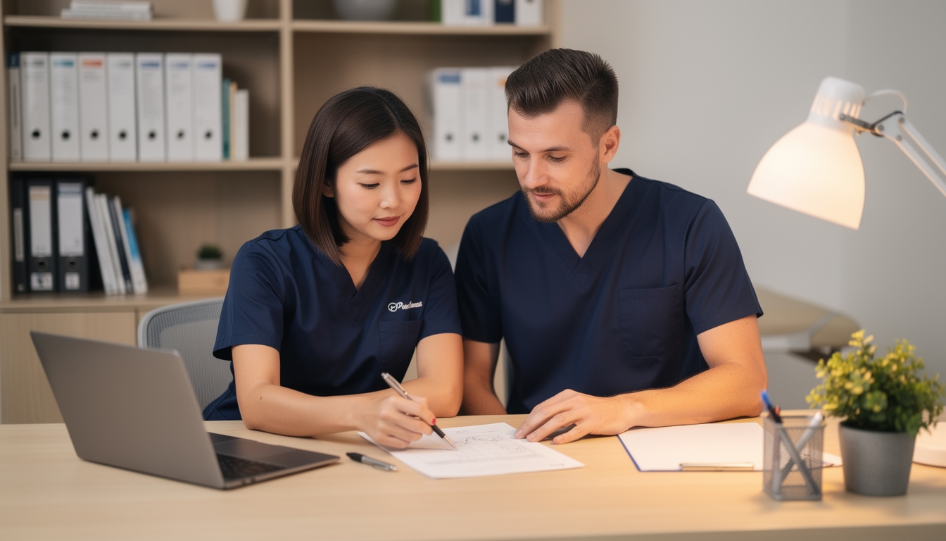 Two registered physiotherapists reviewing patient notes in a professional home-visit setting