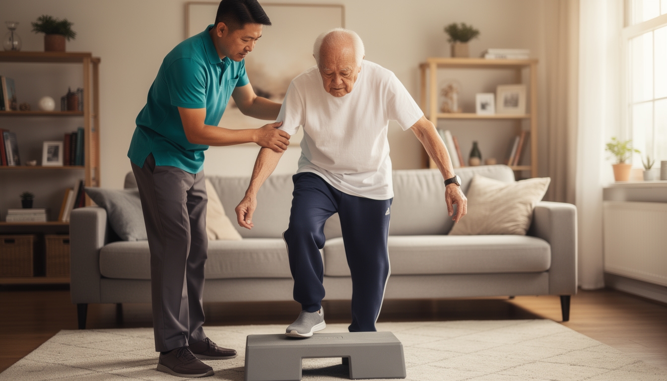 Physiotherapist assisting elderly man with stability and balance training in his hallway