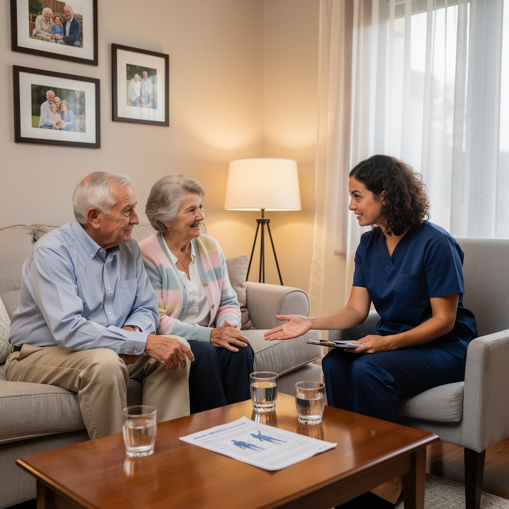 Physiotherapist conducting initial assessment with elderly couple in their living room, reviewing notes