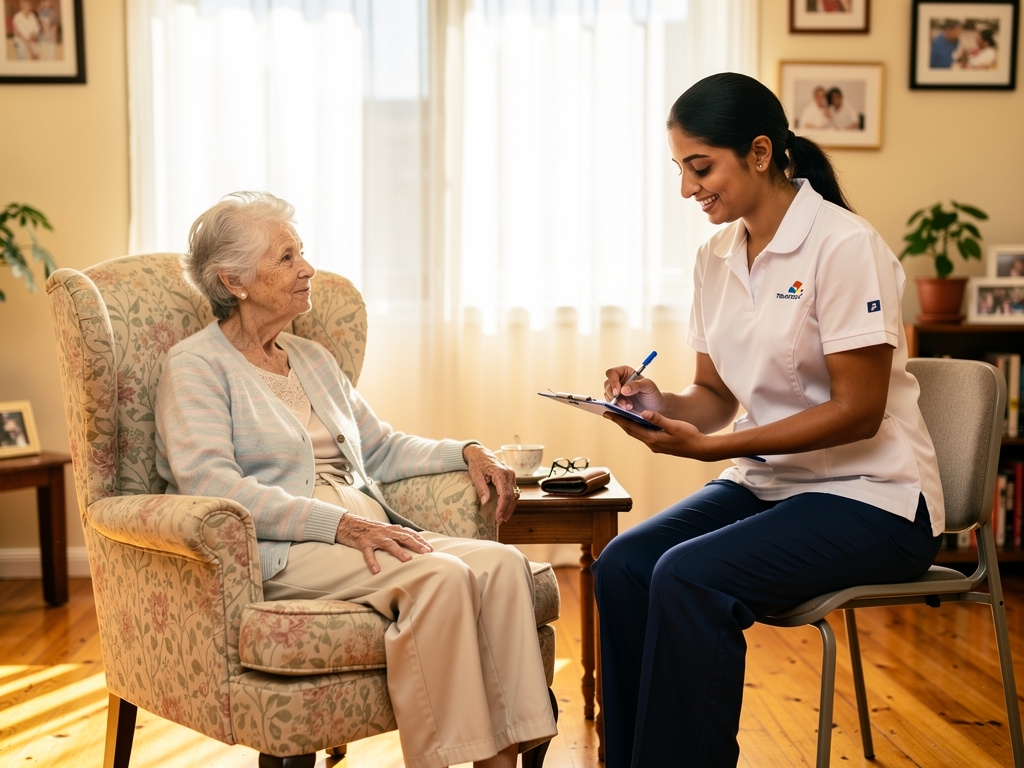 Physiotherapist conducting a home visit with an elderly patient in a bright living room