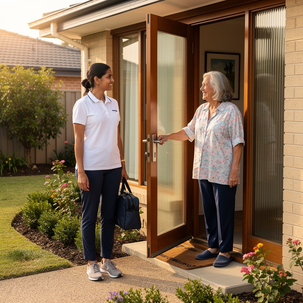 Physiotherapist arriving at a senior patient's home with a small equipment bag, greeting at the front door