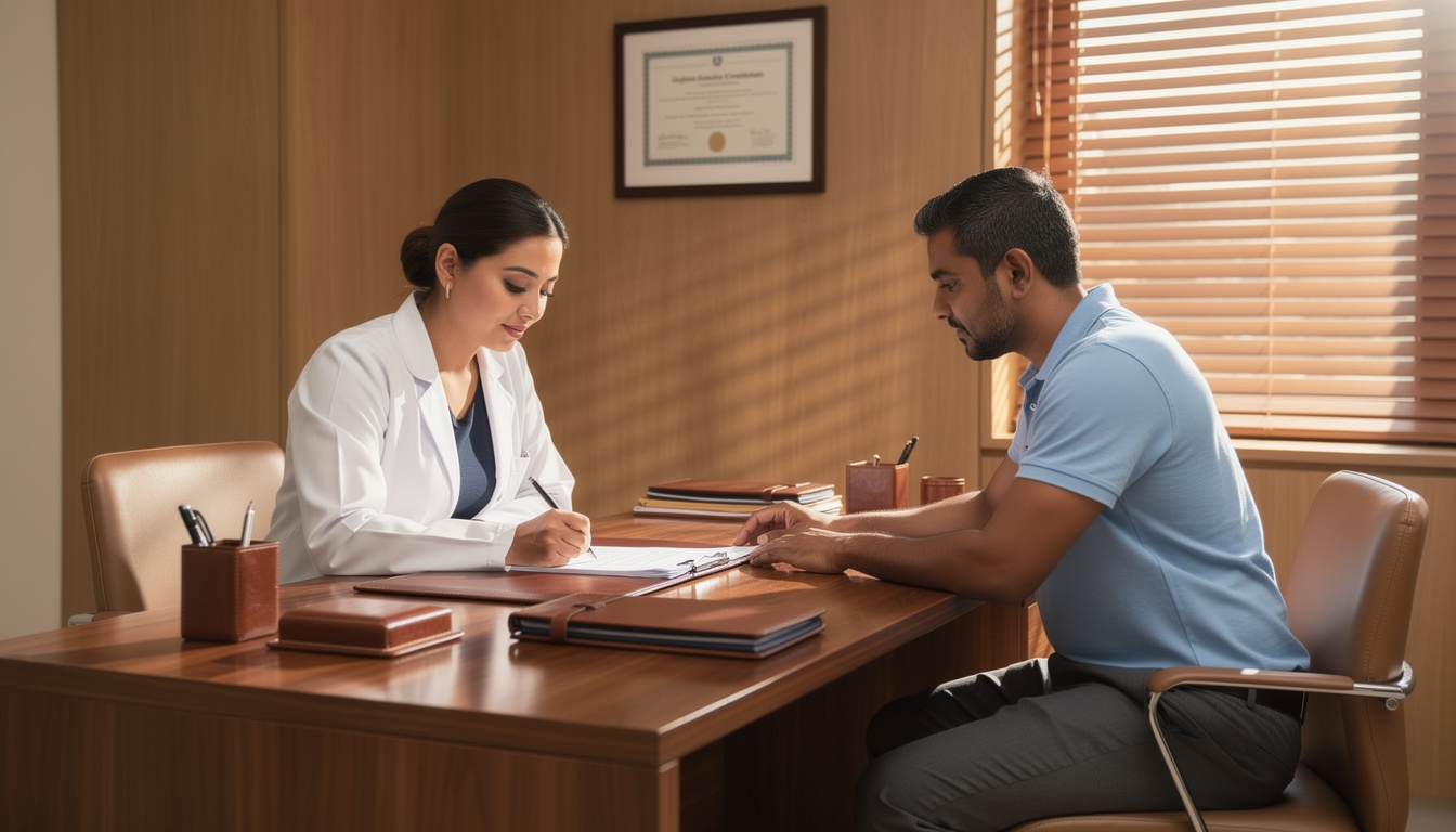 Two physiotherapists reviewing patient care plans together at a desk, engaged in professional discussion