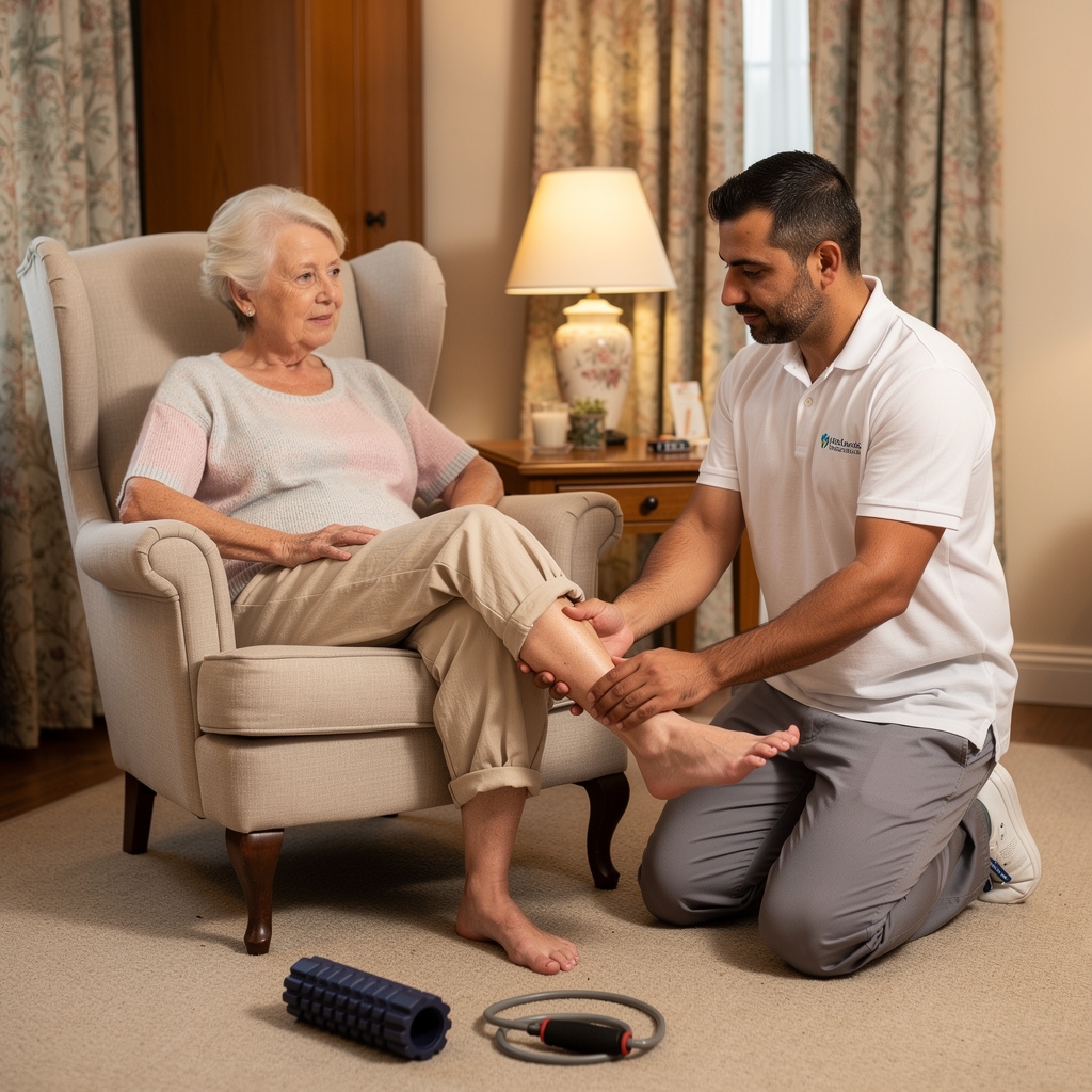 Physiotherapist working on knee rehabilitation exercises with elderly female patient seated in armchair