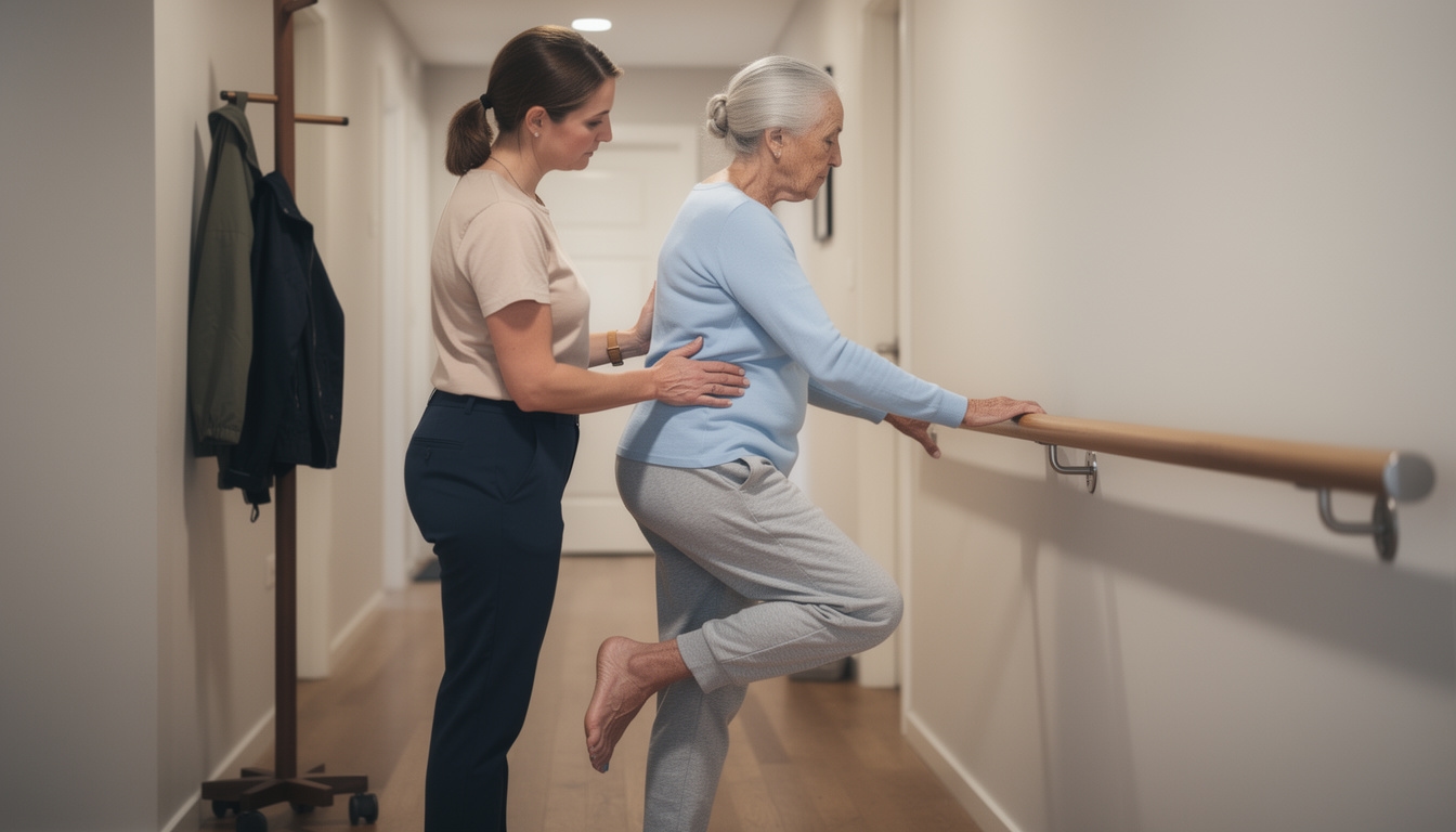 Senior woman practising balance exercises with guidance from physiotherapist in her home